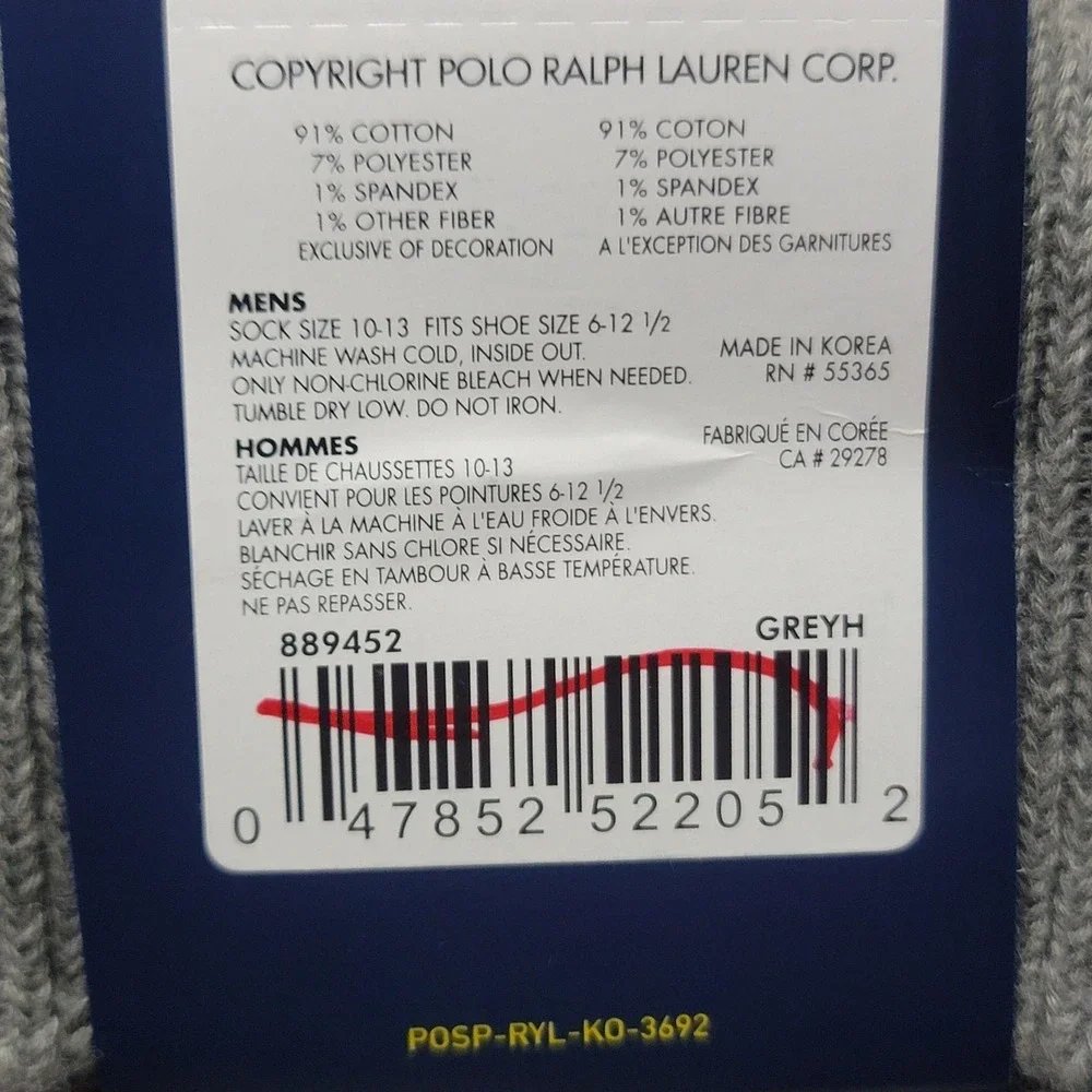 Polo Ralph Lauren Socks Mens 10-13 Gray Cotton Dress Polo Bear Crew Mid Calf